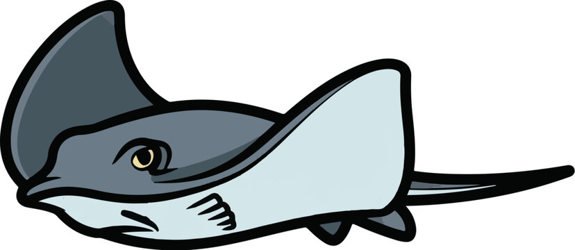 A stylized, cartoonish portrayal of a stingray swimming