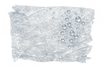 Clear plastic wrap material with crumpled texture and water drops, creating a transparent, wrinkled overlay effect