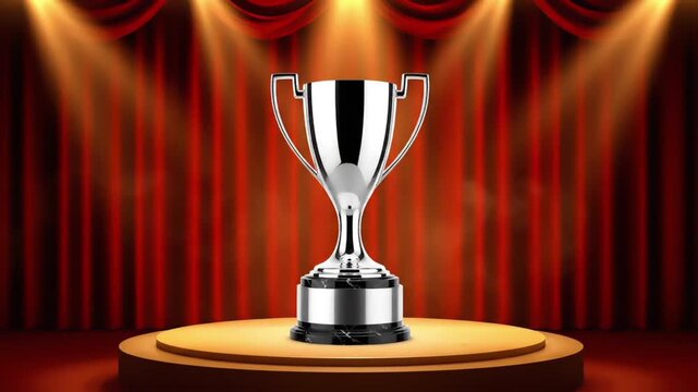 A shiny silver trophy sits on a round wooden platform against a red curtain backdrop with spotlights.
