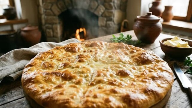 A deliciously baked, golden-brown flatbread, still steaming from the oven, takes center stage on a rustic wooden table. Its cheesy, bubbly surface glows under the warm light, suggesting a perfect, com