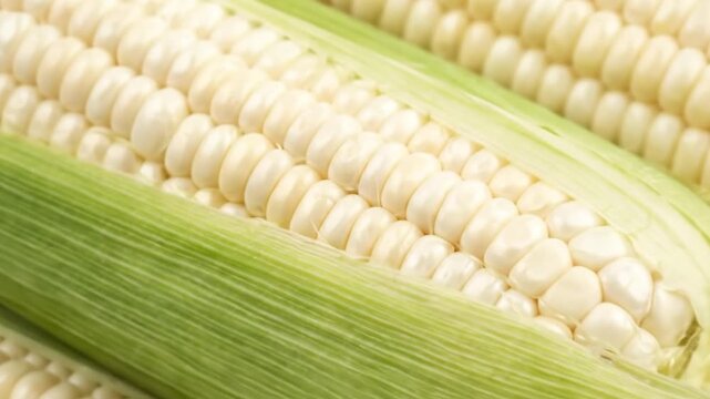 A detailed close-up features several ears of fresh white corn, partially husked to showcase the immaculate rows of plump, glossy kernels. The vibrant green husks provide a striking natural contrast to