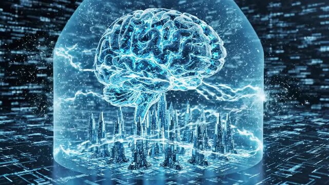 A glowing blue brain encased in a transparent glass-like dome surrounded by digital circuitry and binary code