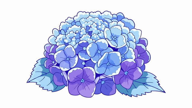 A stylized cluster of vibrant blue and purple hydrangeas with green leaves on a white background