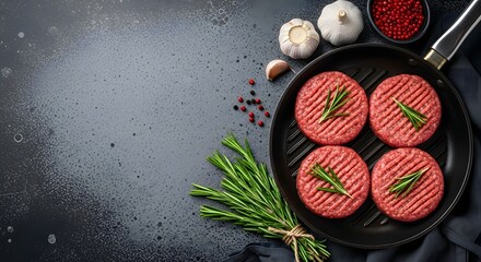 beef burger patties with fresh rosemary, garlic, and peppercorns on a grill pan, ready for cooking