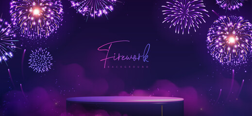 Showcase background with 3d podium  and holiday colorful  neaon firework explosion on dark blue background. Vector illustration