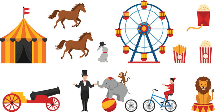 Large set of colorful circus flat vector illustrations featuring a big top tent ferris wheel carnival animals ringmaster and various performers.