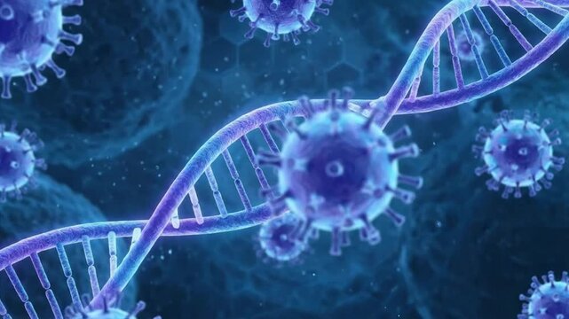 A dynamic 3D rendering showcases a vibrant blue and purple double helix DNA strand intertwined with numerous abstract, spherical microscopic entities resembling pathogens. The digital artwork depicts 