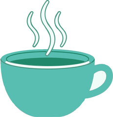 A simple, stylized illustration of a teal cup filled with a dark beverage, emitting three wisps of steam
