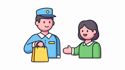 A service worker hands a shopping bag to a smiling person