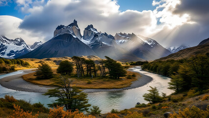Patagonia Landscape with Granite Peaks and Winding River Under Dramatic Sun Rays