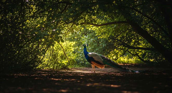 Peacock Perched Gracefully Under Lush Green Canopy in Shaded Woodland