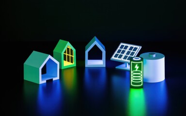Miniature houses and renewable energy sources arranged on a reflective surface illuminated by colorful lighting