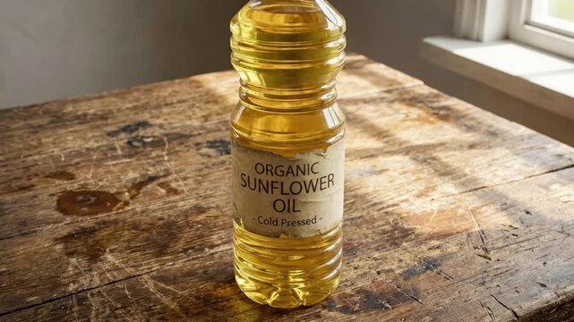 A generic plastic bottle filled with radiant, golden-yellow organic sunflower oil is prominently displayed on a rustic, textured wooden table. Natural sunlight streams in from a nearby window, creatin