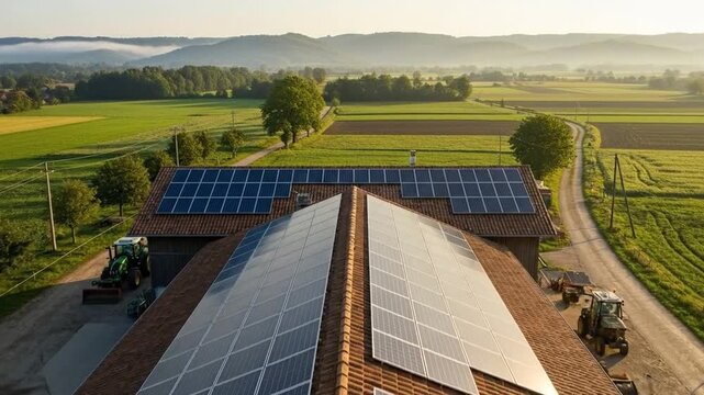 Aerial View of Solar Panels on Rustic Barn Rooftop with Copy Space
