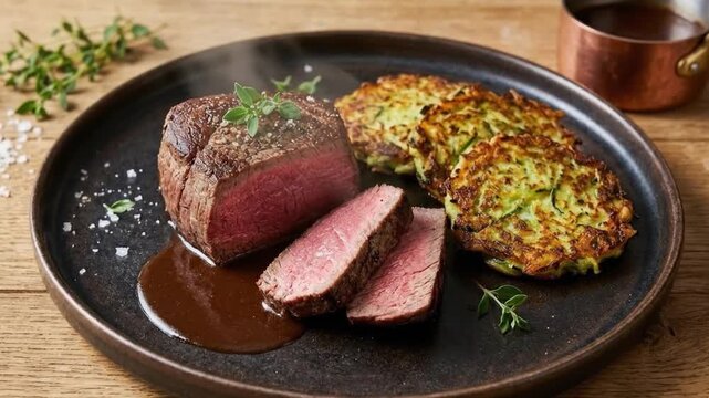 A gourmet meal featuring a perfectly seared and sliced tenderloin steak, showcasing its succulent medium-rare interior, served elegantly on a dark textured plate. A rich brown gravy pools beneath the 