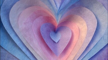 Abstract layered hearts in pastel pink, blue and purple with a grainy texture.