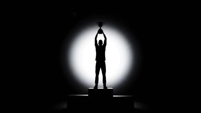 Silhouette of a triumphant person holding a trophy aloft, standing on a pedestal against a bright spotlight with a dark background, conveying a sense of victory and achievement.