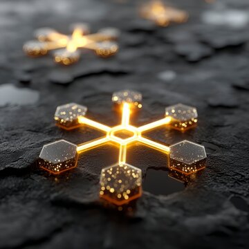 Glowing Hexagonal Snowflake Design on Dark Reflective Surface