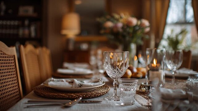 A beautifully set dining table with a white tablecloth. Home birthday celebration, close-knit setting, neutral textures, quiet joy mood, refined casual lifestyle small intimate