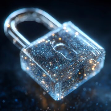 Transparent padlock with shimmering cosmic particles and light effects