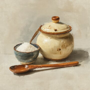 Rustic Ceramic Bowl with Sugar and Wooden Spoon on Neutral Background