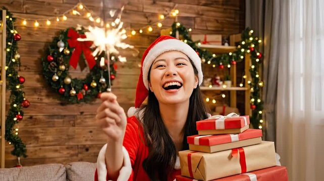 A joyful young adult woman in a festive red and white outfit with a matching hat beams with happiness, holding a sparkling light and a stack of beautifully wrapped presents. Her radiant smile and laug
