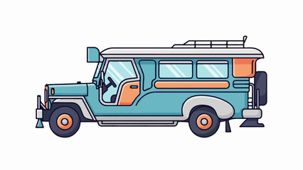A stylized, flat illustration of a turquoise and orange jeepney with a white roof rack