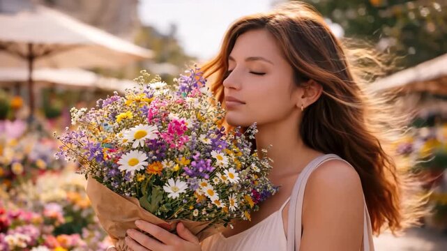 Peaceful young woman smelling fresh wildflower bouquet, closing eyes with joy, vertical 4k video loop for social media.