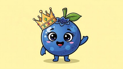 Naklejka premium Cartoon blueberry character wearing crown royalty.