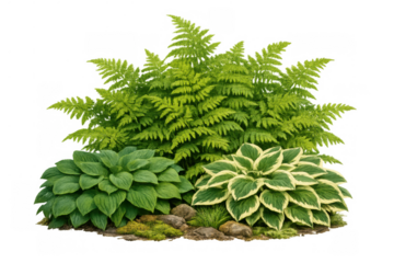Garden planting featuring green ferns and hostas, creating natural landscaping with fresh foliage on transparent background