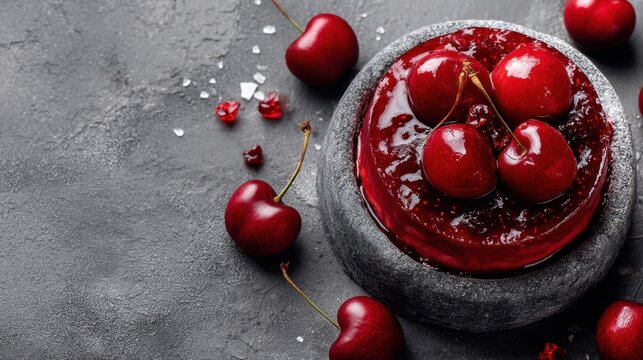 A round dessert made of creamy filling with a glossy cherry glaze sits on a dark stone plate. Whole cherries surround the dish on the table. - Powered by Adobe