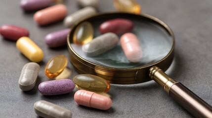 Various colored pills scattered on a gray surface, with a magnifying glass over them