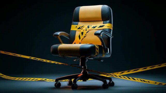 An office chair wrapped in caution tape, symbolizing restricted access or a warning