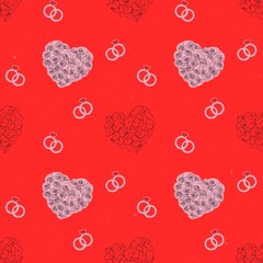 Valentine Heart and Rings Seamless Pattern Red Background