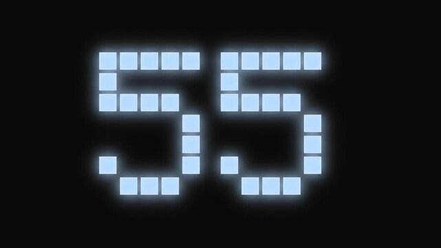 60 Second Digital Countdown Timer in Blue Pixel Style. One Minute Counter with Glowing Square Digits on Black Background