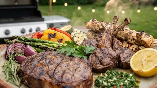 A magnificent, steaming platter brimming with freshly grilled meats and vibrant vegetables, artfully arranged for an inviting outdoor dining experience. This mouth-watering spread features a succulent