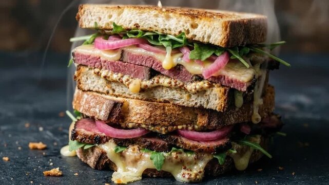 A magnificent, steaming gourmet sandwich, generously layered with rich, savory slices of tender meat, perfectly melted cheese, vibrant green arugula, tangy pickled red onions, and a hearty whole-grain