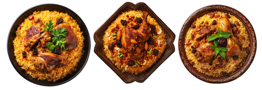 Set of Kabsa bowl spiced biryani with lamb or chicken, rice, nuts and raisins in wooden bowl, isolated on white. Arabic cuisine