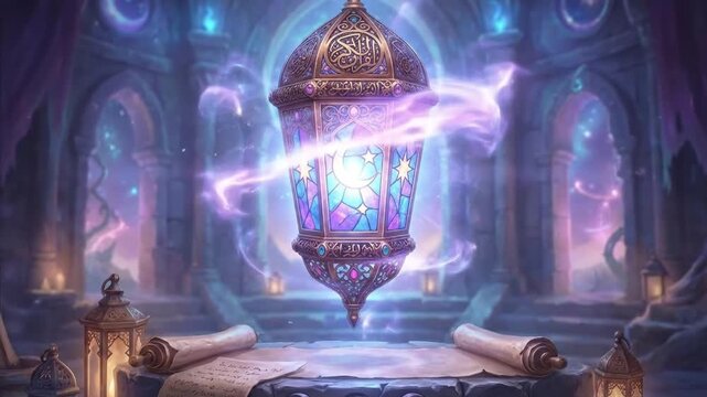 A majestic, intricately designed lantern glows with ethereal blue and purple light, levitating amidst mystical swirling energy within an ancient, enchanted chamber. Stained-glass panels depict celesti