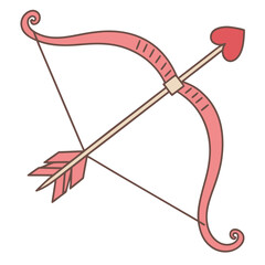 cartoon-style Cupid's bow and arrow (love bow). The bow is pink with elegant curly/swirly details, and it shoots a heart-shaped arrow with a soft beige shaft. Very romantic and Valentine's Day vibes