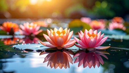 Close-up of vibrant, blooming aquatic flowers floating on calm water, sunlit background. Reflected petals and greenery provide depth