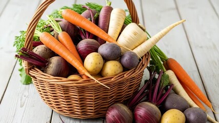 A wicker basket overflowing with fresh, vibrant root vegetables on a wooden floor, , - Powered by Adobe