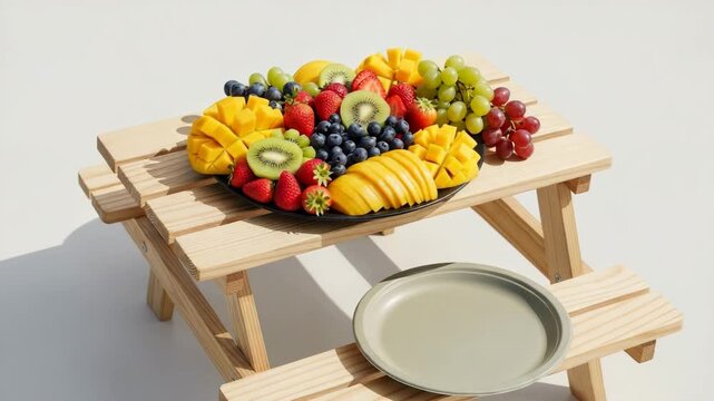 Fresh fruit platter displayed on wooden picnic table with empty plate , A small, simple wooden picnic table set with reusable plates and a colorful fruit platter, 