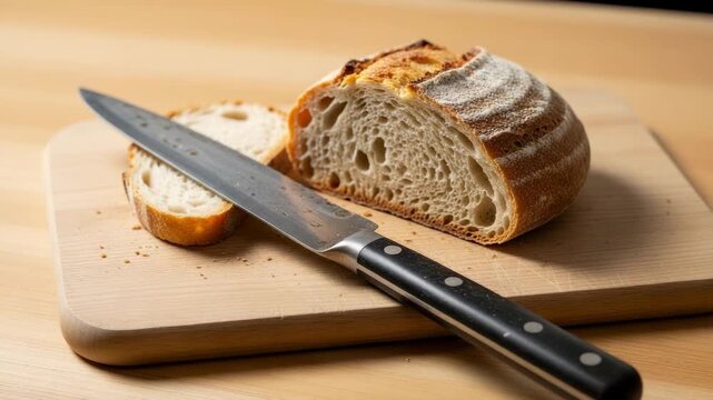 Freshly sliced artisan bread with knife on wooden cutting board ,  Simple wooden cutting board with a knife and a piece of artisan bread,