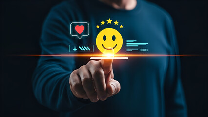 User finger presses a digital interface element to select a five star rating symbolized by a happy yellow emoticon icon