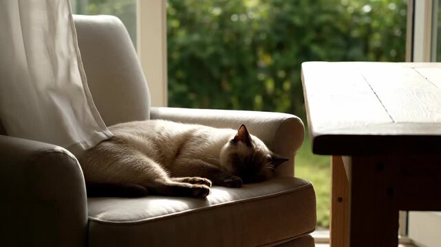 Cat napping in cozy armchair near window on a sunny day at home