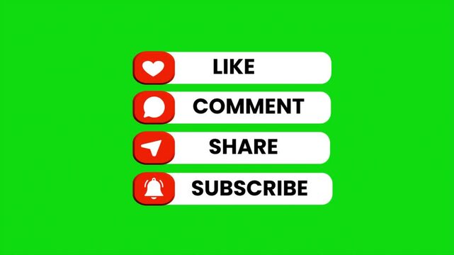 Like comment share subscribe button animation with alpha background, social media notification icons, engagement interface elements motion graphic