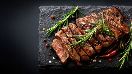A piece of grilled steak is cut into slices and placed on a dark stone plate. Fresh herbs and colorful spices surround the meat. It is presented on a wooden table for dinner.