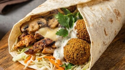 A mouthwatering close-up captures a generously filled, delectable fusion wrap, showcasing an appetizing blend of fresh ingredients. This visually appealing culinary creation features tender grilled ch