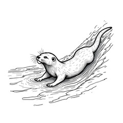 Playful otter sliding down a river bank into water line art